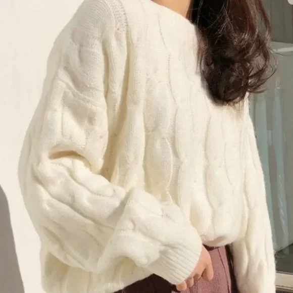 Cable-knit Pullover Sweater | Oversized Top Blouse School Office Fall/Winter - Picture 1 of 6